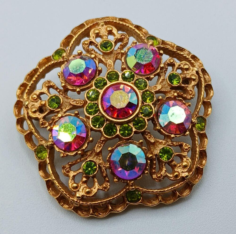 Vintage Gold Tone Iridescent and Green Rhinestone Brooch